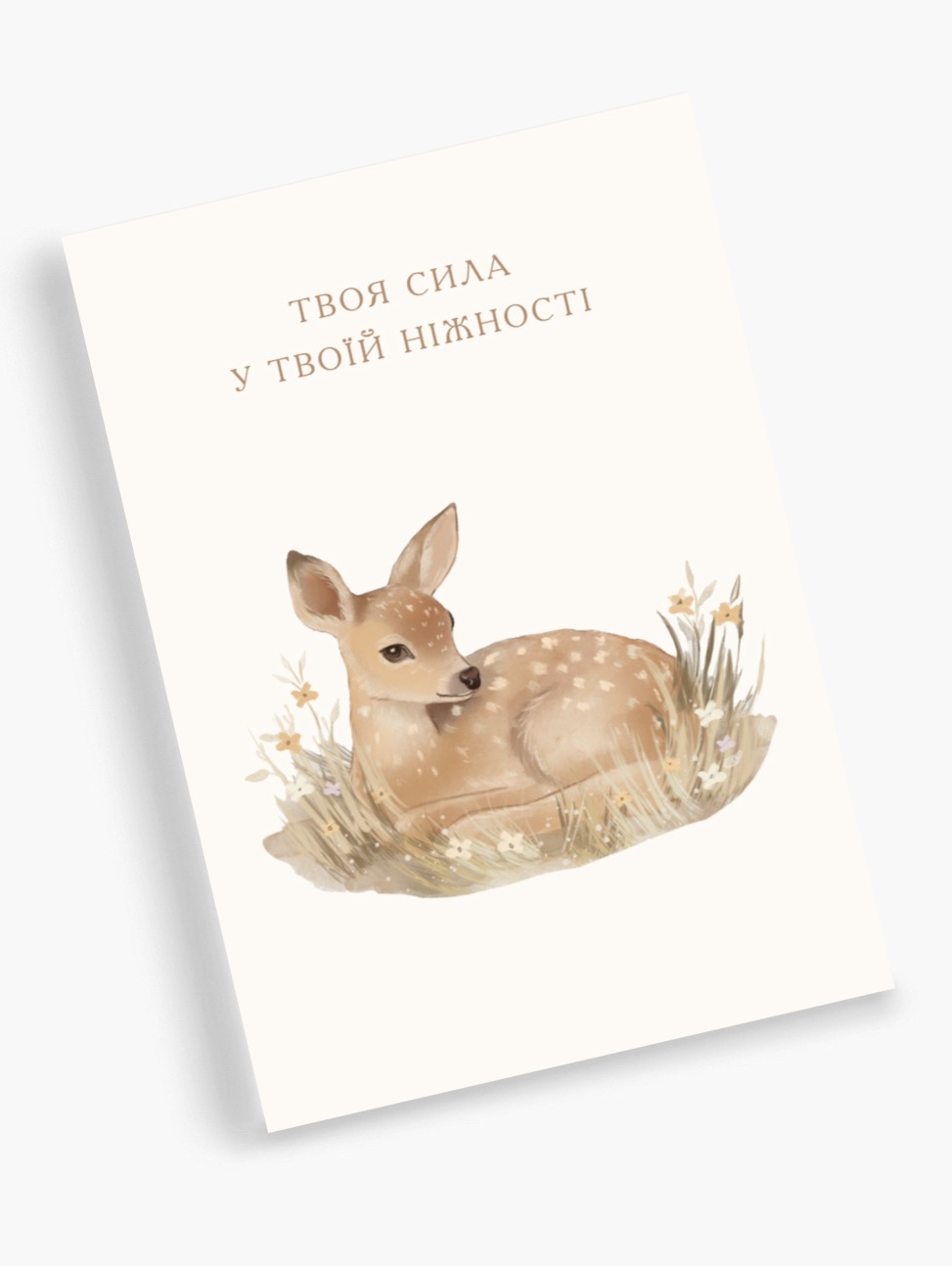 Акварельна поштова листівка Dear Owl із зображенням маленького оленятка серед трави та квітів, поруч із крафтовим конвертом. На листівці надихаючий напис «Твоя сила у твоїй ніжності». Акварельна поштова листівка Dear Owl із зображенням маленького оленятка серед трави та квітів, поруч із крафтовим конвертом. На листівці надихаючий напис «Твоя сила у твоїй ніжності».