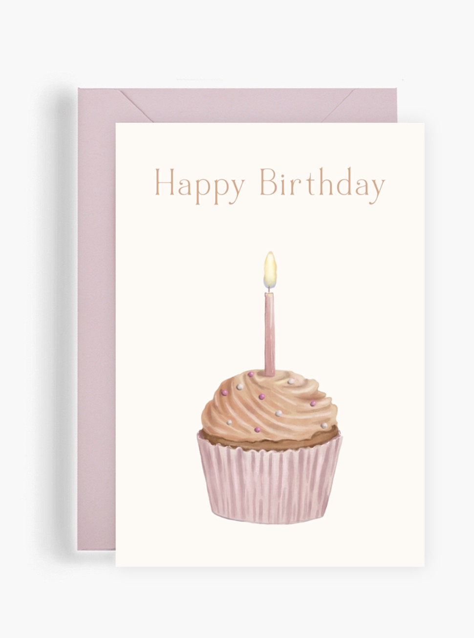 Акварельна вітальна поштова листівка Dear Owl із написом Happy Birthday та ілюстрацією апетитного святкового капкейка з кремом і запаленою свічкою.