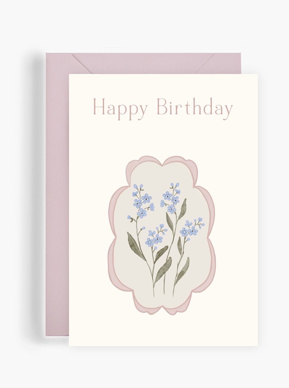 Вітальна поштова листівка Dear Owl із написом Happy Birthday та акварельним малюнком ніжних блакитних квітів у фігурній пастельній рамці.