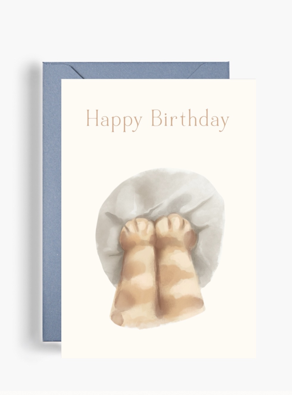 Акварельна вітальна листівка від Dear Owl із зображенням пухнастих рудих котячих лапок на м'якій сірій подушці та ніжним написом Happy Birthday.