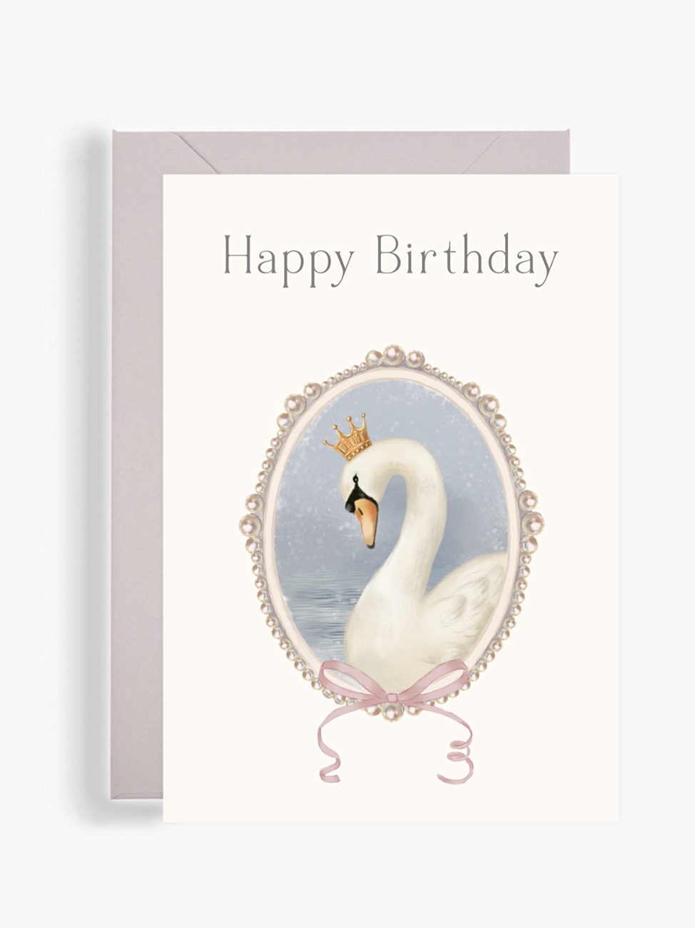 Вітальна поштова листівка Dear Owl із написом Happy Birthday та зображенням білого лебедя в золотій короні всередині вінтажної перлинної рамки з рожевим бантом.
