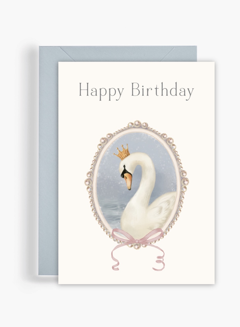 Вітальна поштова листівка Dear Owl із написом Happy Birthday та зображенням білого лебедя в золотій короні всередині вінтажної перлинної рамки з рожевим бантом. Вітальна поштова листівка Dear Owl із написом Happy Birthday та зображенням білого лебедя в золотій короні всередині вінтажної перлинної рамки з рожевим бантом.