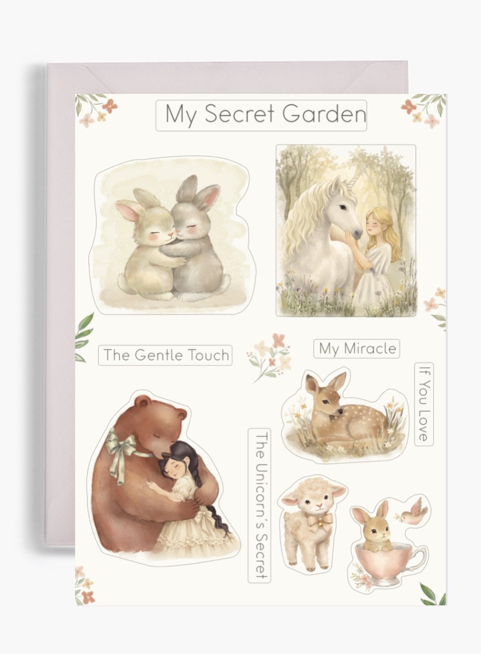 Аркуш акварельних стікерів «My Secret Garden» від Dear Owl із зображенням дівчини з єдинорогом, дівчини в обіймах ведмедя, пухнастих зайчиків, оленятка та кролика в чашці.