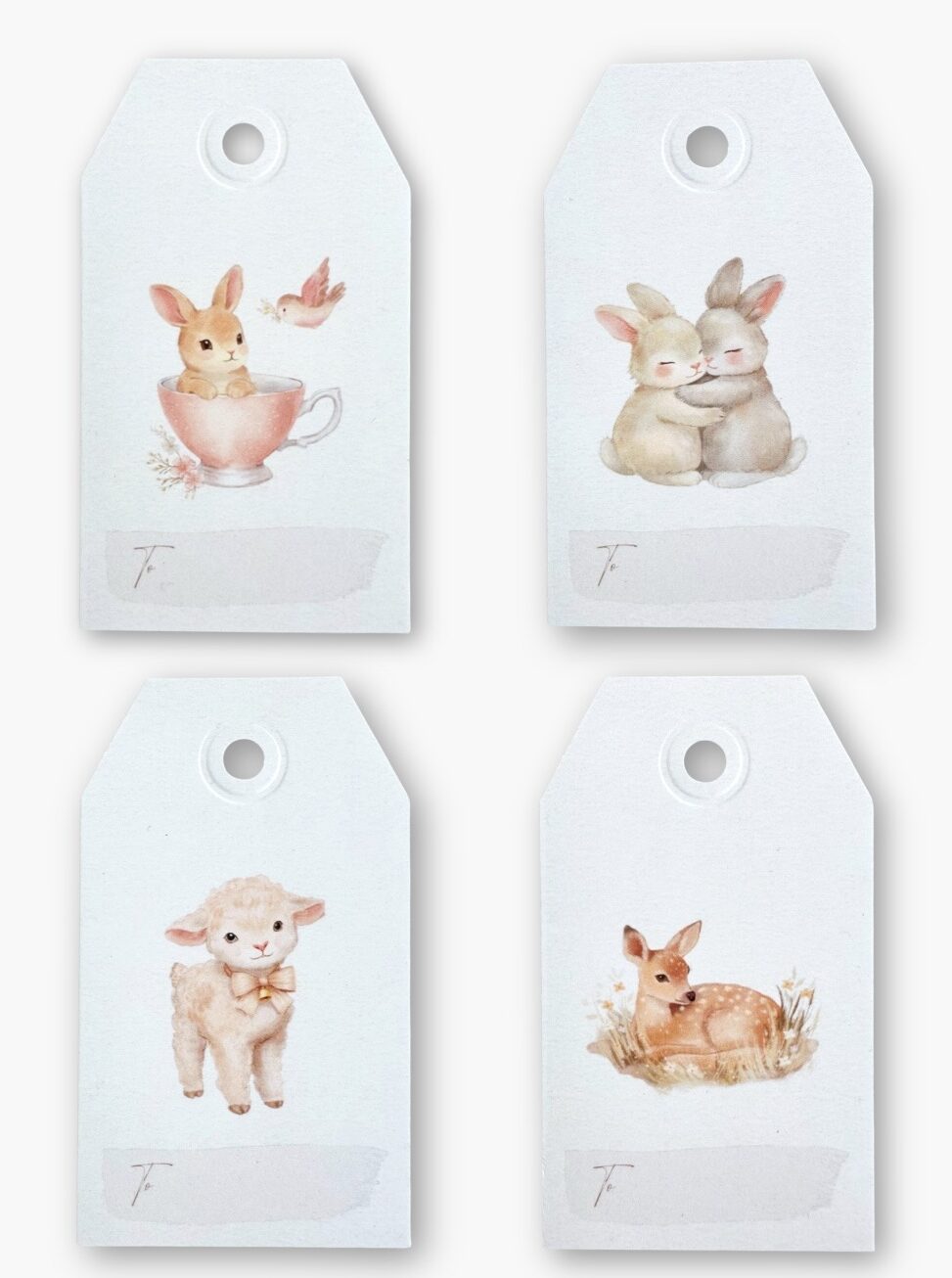 Набір подарункових бірочок (тегів) Dear Owl із серії «My Secret Garden» з ніжними акварельними ілюстраціями казкових сюжетів: єдинорога, зайчиків та ведмедика, підготовлених для пакування подарунків.